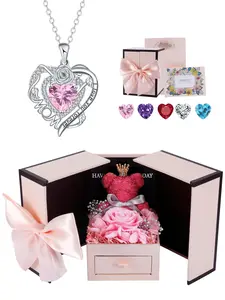 Rose Heart CZ Birthstone Mom Necklace With Moss Bear Rose Jewelry Gift Box, Heart Pendant Necklace for Mother, Christmas Birthday Mother's Day Jewelry Gift for Mom Grandma, Necklace For Daughter