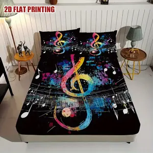 3-Piece Colorful Music Symbol Bed Sheet Set - Bright Black Background, Featuring Colorful Music Symbols and Treble Clef, Includes 1 Bed Sheet and 2 Pillowcases - Perfect for Guest Rooms and Home, Machine Washable Polyester, Bed Sheet