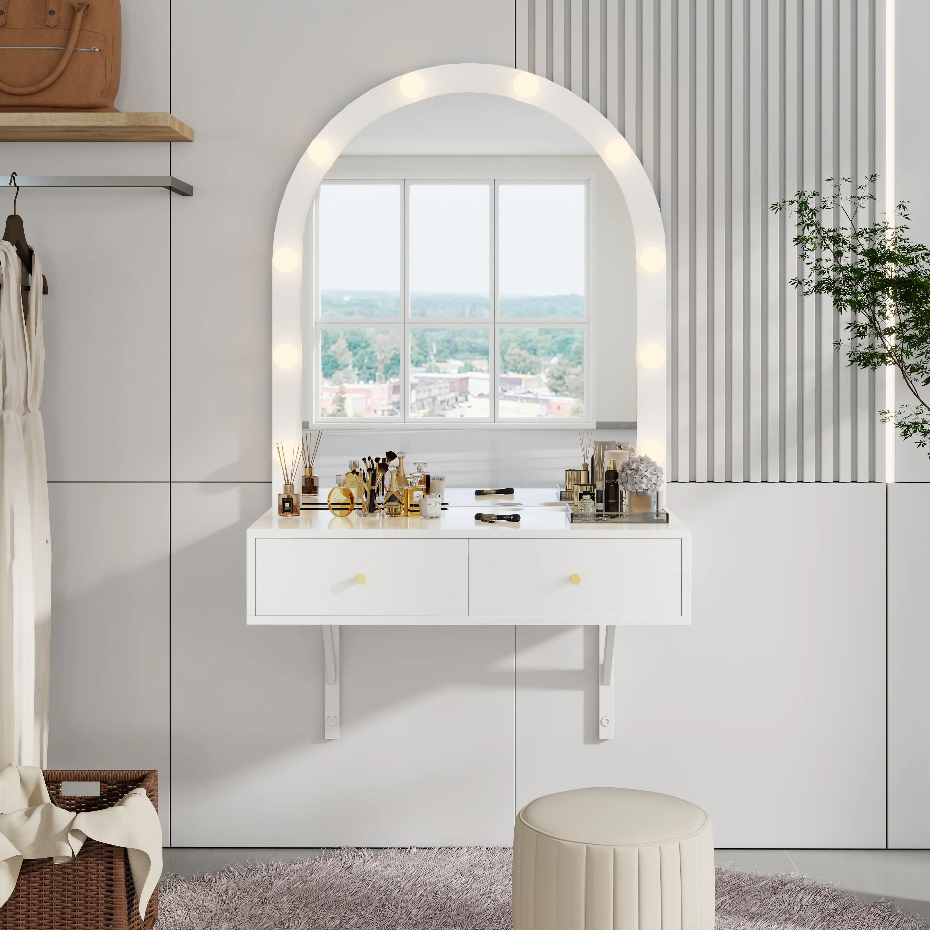 Floating Makeup Vanity Desk with LED Mirror & Charging Station, Wall Mount Dressing Table with 2 Drawers, 3 Light Colors, Space Saving Vanity for Bedroom/Bathroom