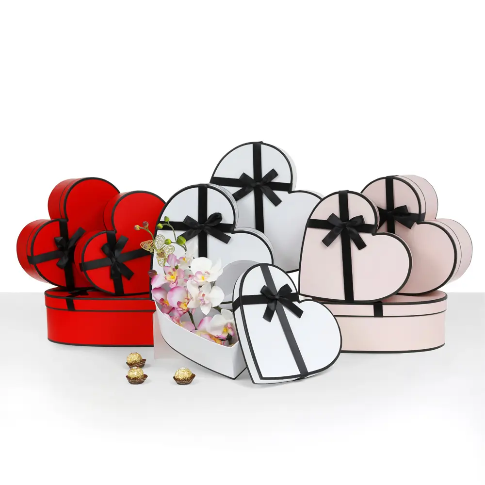 Set of 3 Heart Shaped Flower/Gift Boxes, Premium Quality for Luxury Arrangements, Pink/White/Red I W547