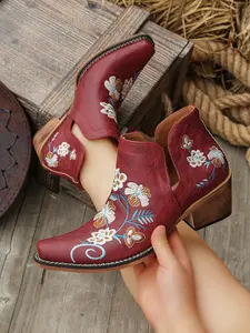Soft PU Leather Floral Embroidered Western Short Boots, Chunky Heel Anti-Slip, Comfortable Versatile Women's Commuter Jeans Casual Boots Footwear Chunky Ankle Boots