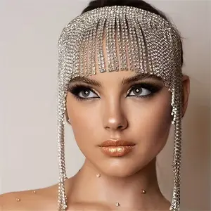 Luxurious Bridal Long Tassel Headpiece with Fashion Ethnic Rhinestone Forehead Chain for Elegant Hair Accessories