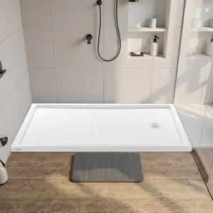fathersdaygift VEVOR Shower Pan, 60 Lx 36 W Single Threshold Shower Base, Rectangle Acrylic PVC Showering Base in White, Slip-Resistant Showering Pan Bases with Drain Cover for Bathroom, Right Drain Location