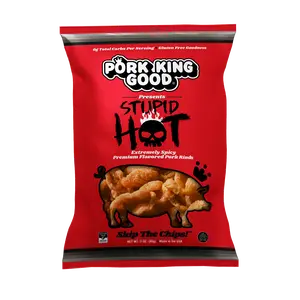 Pork King Good Stupid Hot Pork Rinds - 3 oz (Choose 4 Pack or 10 Pack) - EXTREMELY Spicy Chicharrones