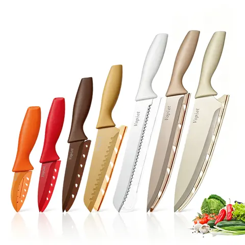 14-Piece Stainless Steel Kitchen Knife Set - Multi-Use Chef Cutlery Gift Set with 7 Blades, 7 Protective Sleeves, Rustproof Durable Design for Cooking, Meat Prep