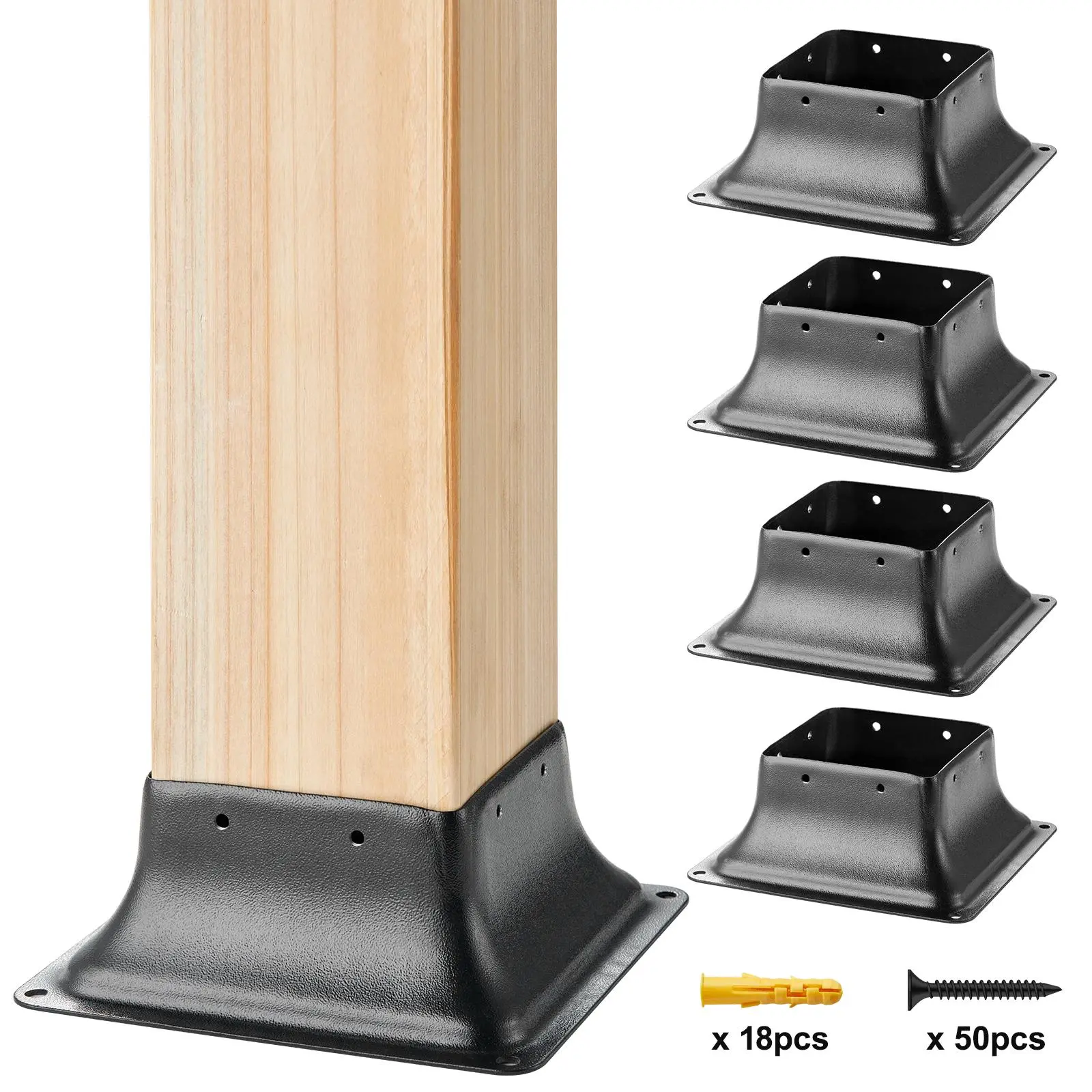 VEVOR 4Pcs 4x4 Heavy-Duty Powder Coated Steel Post Bases, Internal 3.6"x3.6" Anchors with Screws, Fit for Standard Wood Posts, Deck Porch Handrail Support#SohoChic