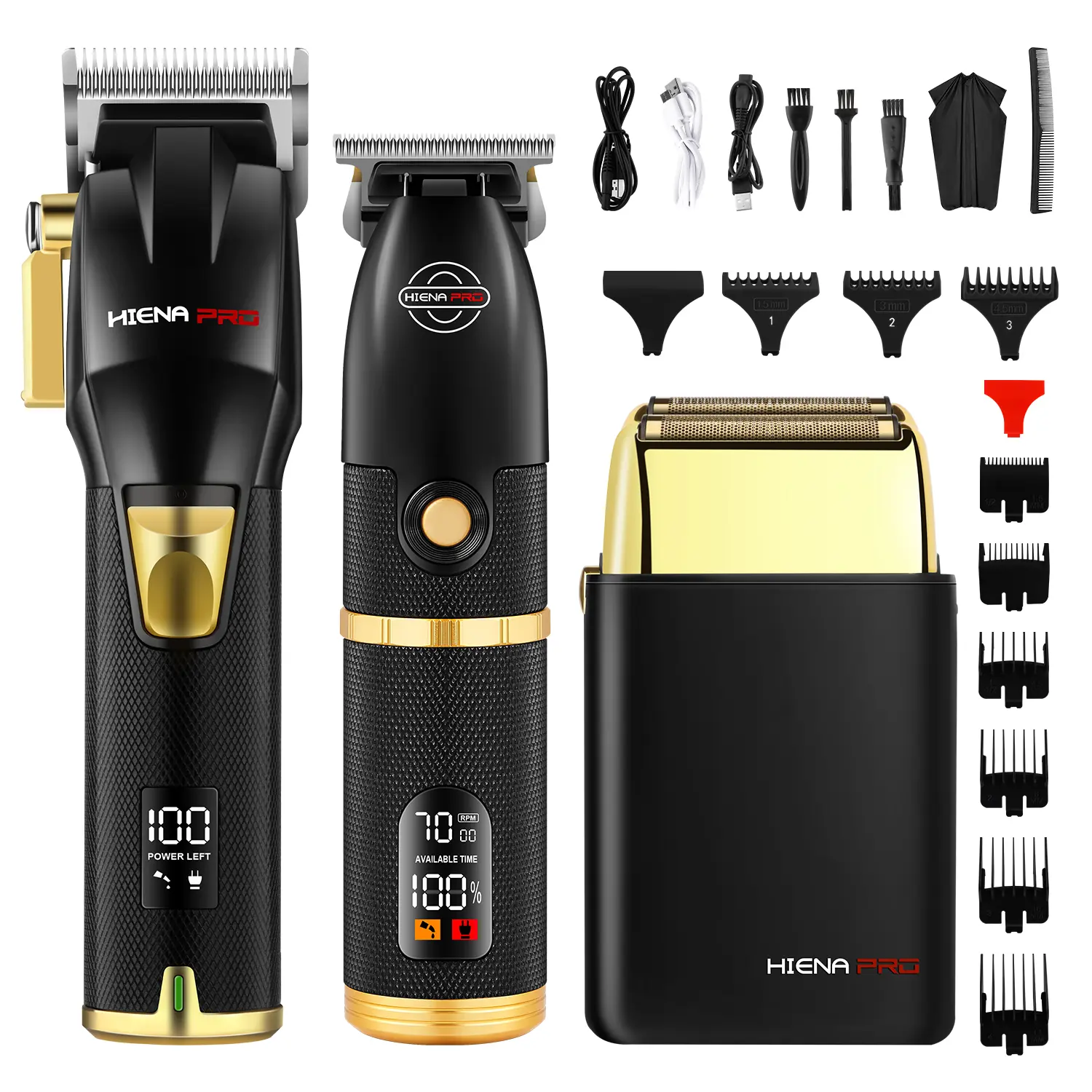 HIENA PRO Men's 3-Piece Salon Professional Black and Gold Cordless Hair Clipper & Trimmer Set - USB Rechargeable Barber Equipment with LCD Display, Adjustable Blade Clipper, and Trimmer, Body Hair Trimmer, Hair Tools tiktokshopbacktoschool