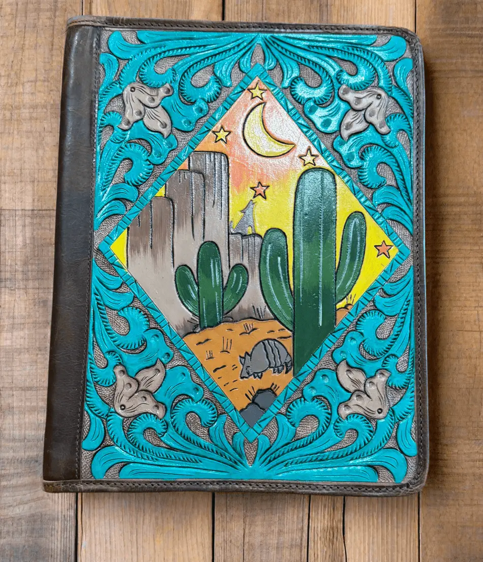 Leather Cactus-Tooled Bound Folder - Sunset-Designed Office Filing Organizer for Students, Ideal for Organized Spaces in Computers & Office Equipment Settings, Student