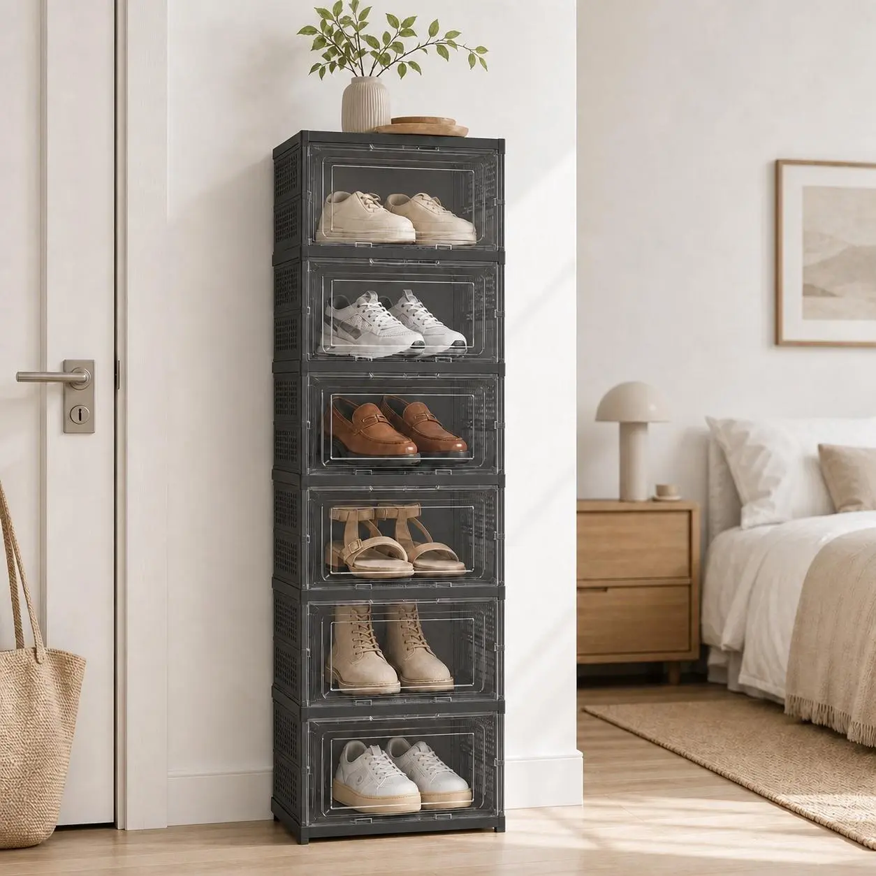 Portable Foldable Shoe Container Collapsible No Assembly Required Stackable Shoe Organizer Breathable Ventilation Hole Transparent Door Shoe Rack(Black 6-piece set）
