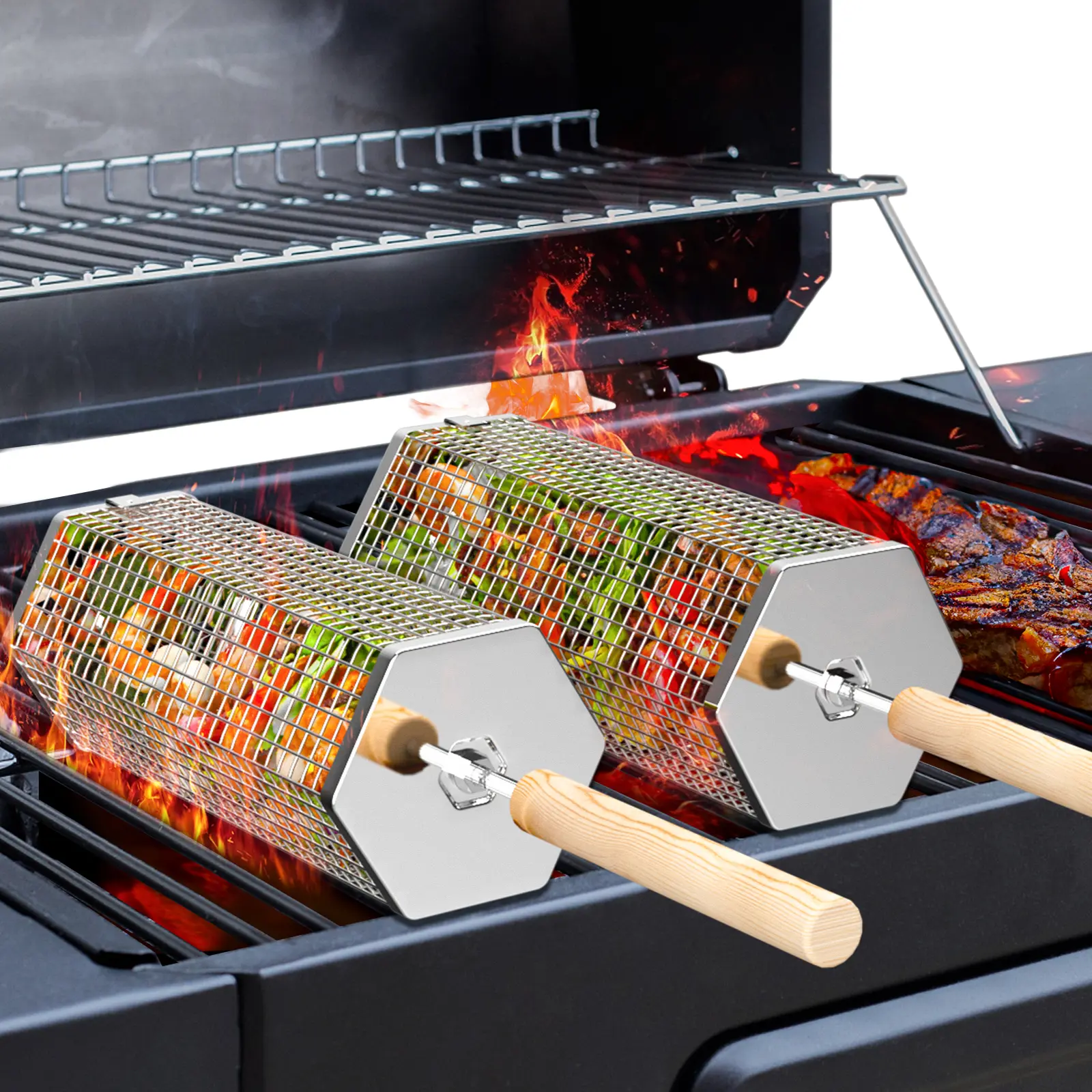 ivtivfu 2PCS Rolling Grill Baskets - 304 Stainless Steel Heavy Duty Grilling Cages, Detachable Wooden Handle, Nesting Design, Kitchenware Barbecue Utensils for Vegetables Shrimp, Birthday Gifts for Him Mens Gifts