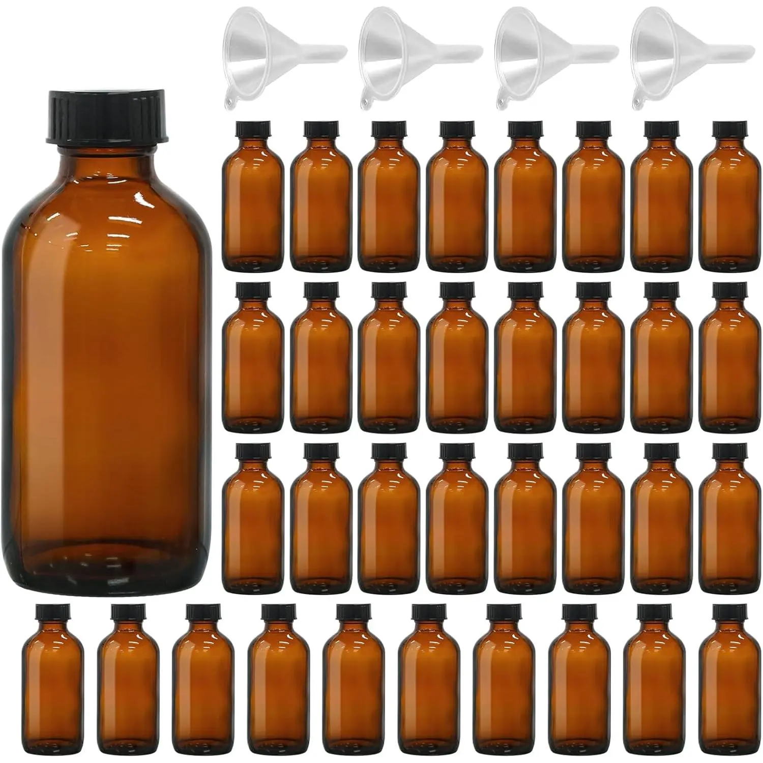 35 Pack 4oz  Glass Boston Round Bottles with Polycone Leak-Proof Phenolic Caps - Brown Airtight Refillable Containers for Homemade Vanilla Extract, Essential Oils,  , and Syrups