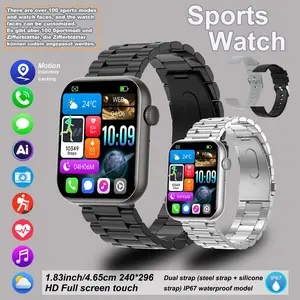 Universal smart sports watch, 1.83 inches HD touch screen, wireless calling, compatible with Android/iPhone, over 100 sports modes, pedometer, blood pressure and heart rate sports tracker, stainless steel and silicone dual strap, waterproof.