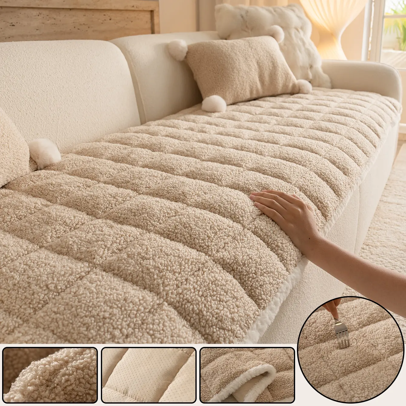 1 PC Classic Solid-Color Square Jacquard Plush Sofa Cushion - Warm and Soft, Machine Washable, Pet Furniture Protector, Stain-Resistant, Ideal for Holiday & Daily Use, Fits 2/3/4-Seater Living Room Sofas, Washable Sofa Slipcover