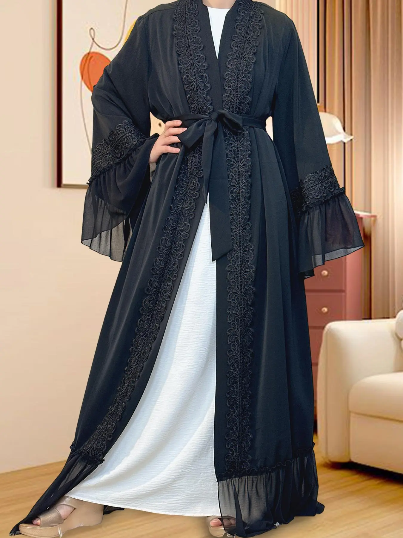 Women's Floral Lace Open Front Abaya, Elegant Long Sleeve Outerwear for Daily Wear, Ladies Sleepwear for All Seasons