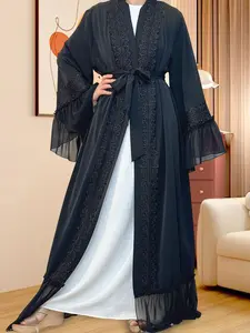Women's Floral Lace Open Front Belted Abaya, Elegant Long Sleeve Outerwear for Daily Wear, Ladies Sleepwear for All Seasons