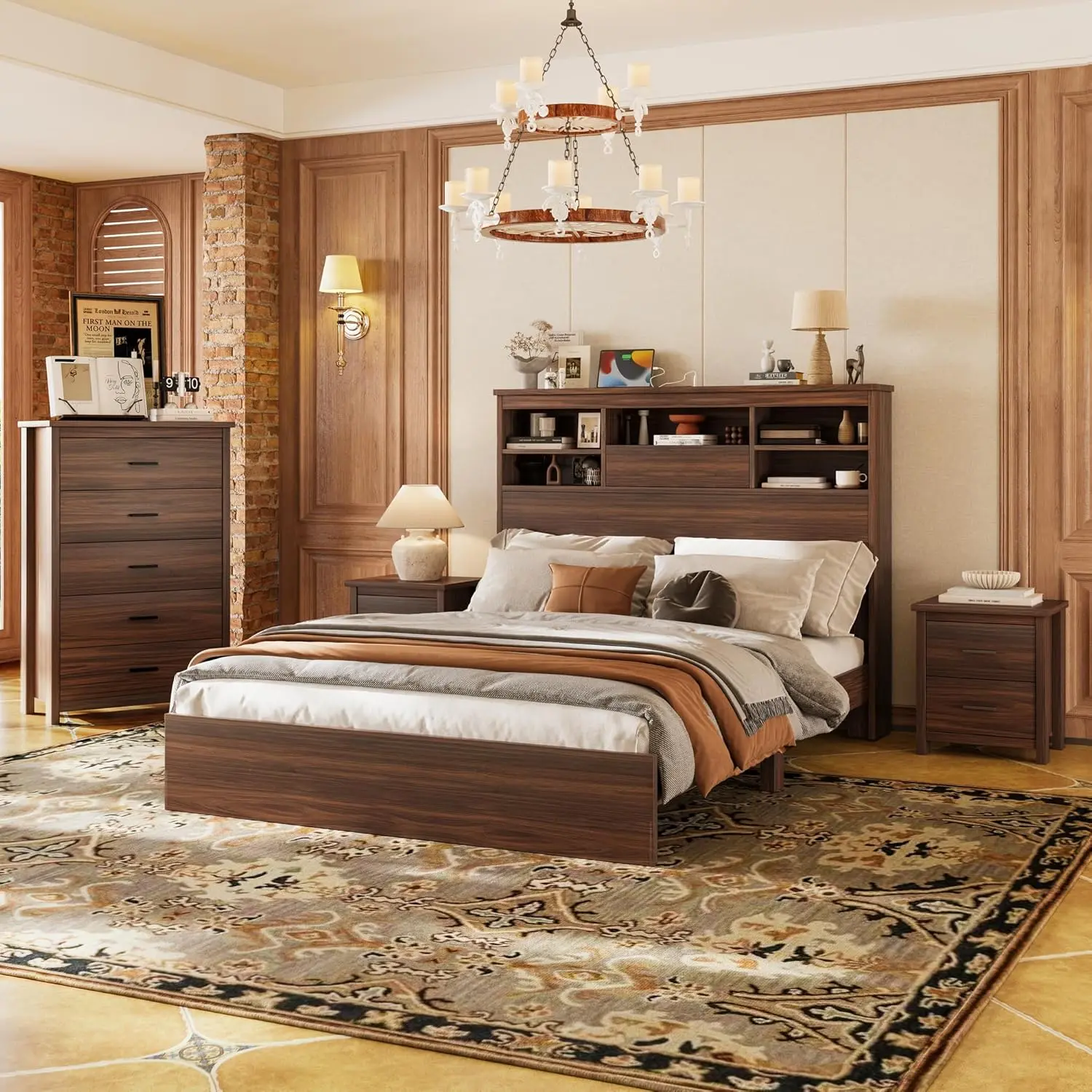 Modern Queen Size Bed 4PCS Engineered Wood Bedroom Furniture Set - Sturdy, Stable Combo with 660 lbs Capacity Bed Frame (10-12 Inches Clearance, Storage Headboard, Charging Station), 2 Drawer Nightstands (2PCS), 5 Drawer Dresser, Walnut, Assembly Required