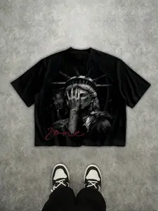 Unisex Street Style Dark Emotion Face-covering Statue of Liberty in New York print Short-sleeved crop top T-shirtwith "Gone" lettering.,  Suitable for streetwear and Y2K style outfits, men's gifts, high-street fashion, and couple's matching outfits.