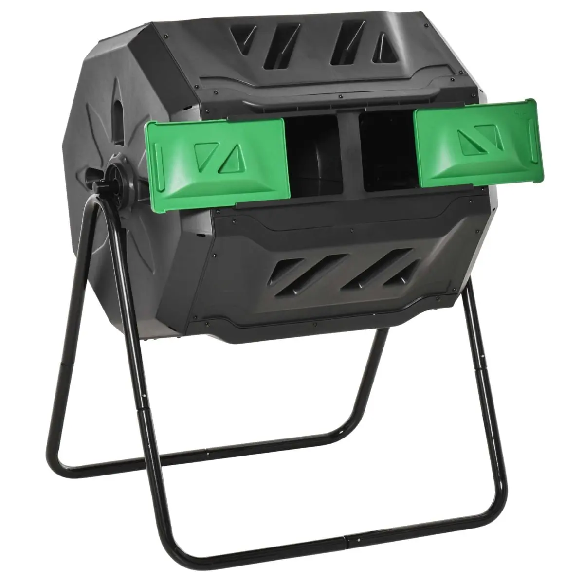 212 Main 845-490GN 43 Gal Outsunny Dual Chamber 360 Rotating Tumbling Compost Bin - Plastic & Steel Outdoor Compost Container, Slide-Ready for Kitchen & Home Care Supplies, Green