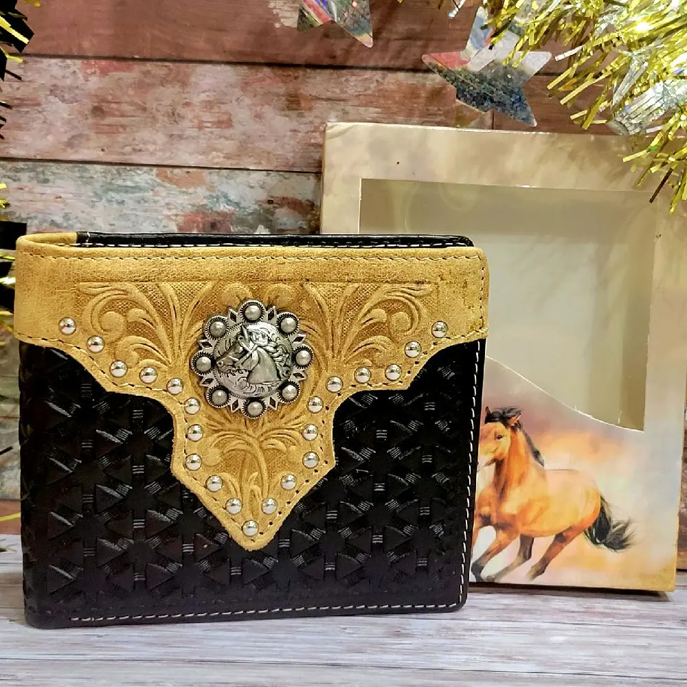 Horse Western wallet Texas style genuine leather short bi-fold concho and embossed leather wallet geometric pattern in gift box