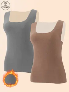 2 Pack Fall & Winter Fleece Thickened Solid Color Women's Sports Vest, Tight Sports Vest, Seamless Slim Fit, Skin-friendly, Soft, Breathable, Warm Material Suitable for gym training, outdoor running, daily commuting and yoga workout, Sports Vest Top