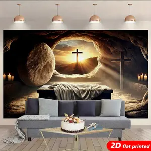 Easter Empty Tomb Tapestry Wall Hanging - Jesus Resurrection Cross Design, 2D Hyper-Realistic Flat Printed Light Room Photo Backdrop, Durable Polyester Fabric, Easy Installation, for Easter Church Decor, Christian Gift
