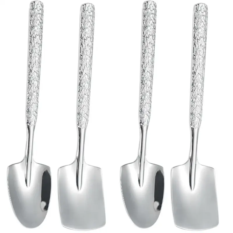 4pcs Stainless Steel Shovel Spoons Set with Hammered Finish Multipurpose Dessert Serving Utensils for Ice Cream Pudding Yogurt Cake Coffee Metal Cutlery Tableware Kitchenware