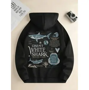 Shark Week Inspired Women's Graphic Hoodie Featuring Great White Shark And Marine Life Educational Design With Kangaroo Pocket For Casual Winter Wear