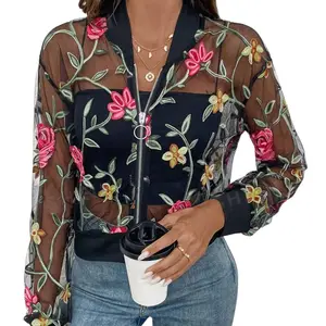 Mesh See-Through Drop Shoulder Jacket Long Sleeve Casual Womenswear Floral Fabric