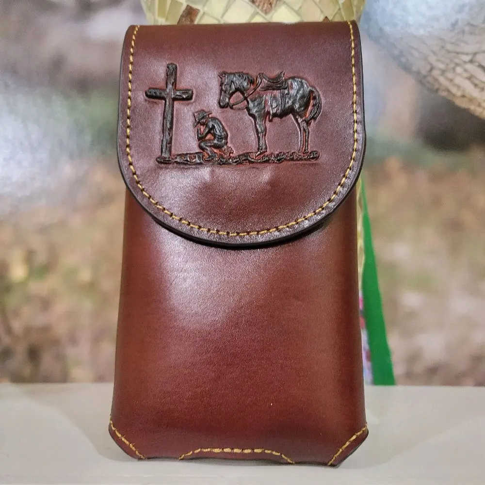 Praying Cowboy Western  Leather Phone Belt Holster 7x4 Inches Magnetic Closure Embossed Design  Universal Fit for Large Smartphones