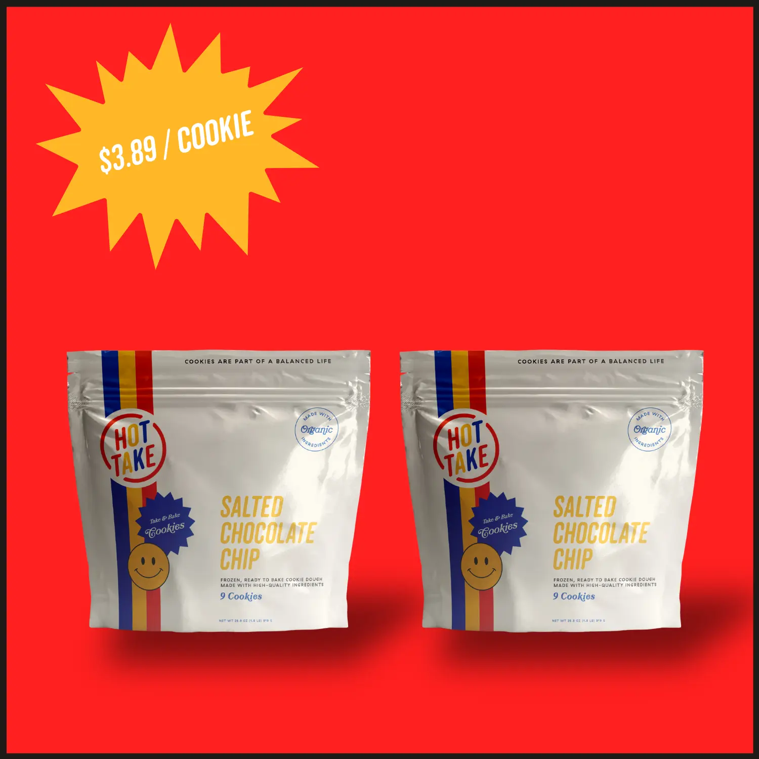 Hot Take Salted Chocolate Chip Cookie Dough - High-Quality Organic Ingredients & Maldon Sea Salt - Perfect for Baking - Grass-fed Organic Butter - 8 Cookies - Sugar Snack