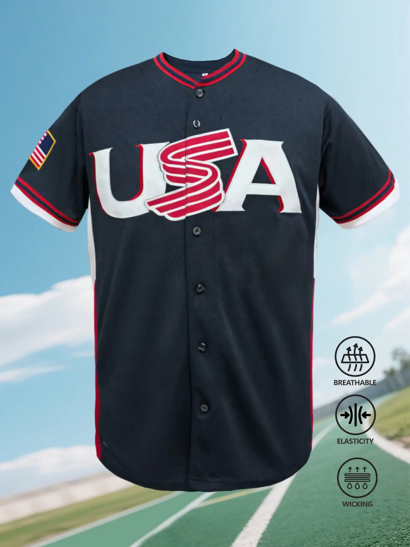 USA Themed Embroidered Baseball Jersey for Men, Breathable Wicking Button Down Shirt, Elastic Sports Uniform for Game Day 2026, Sports Top, Sports Clothing