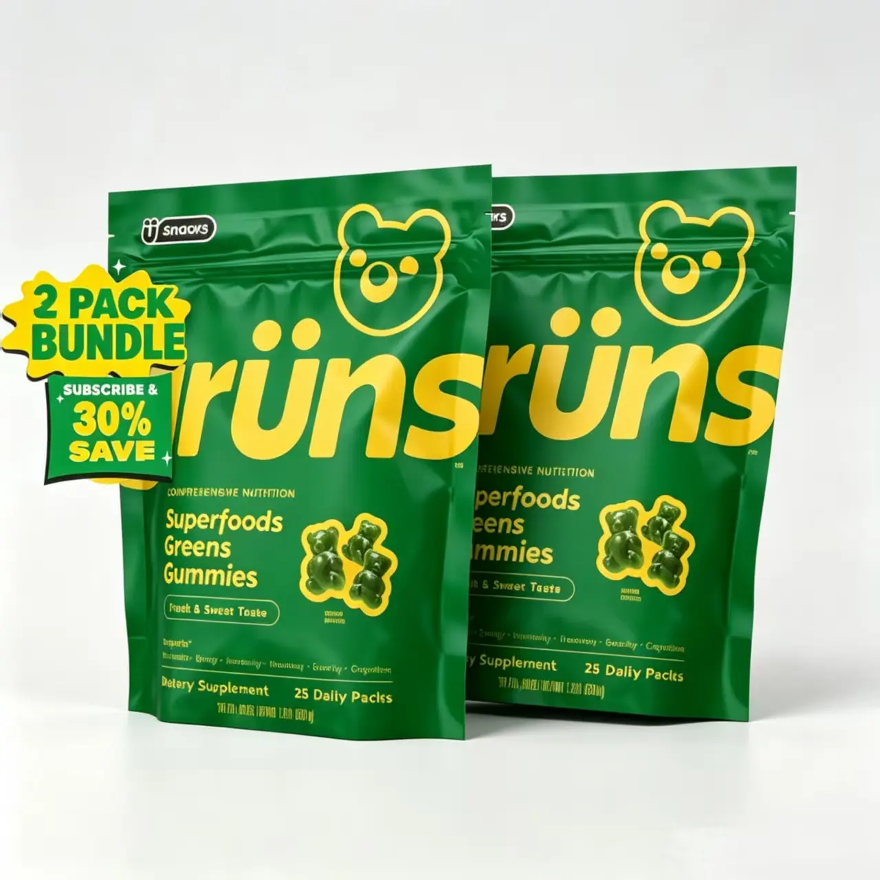 Grüns Superfood Greens Gummies ( 2 pack ): 21+ Vitamins and Minerals, Prebiotics for Digestive Health, Adaptogens. Nutritional Edible Dietary