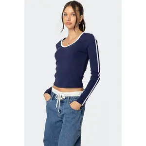 Contrast V Neck Long Sleeve T Shirt