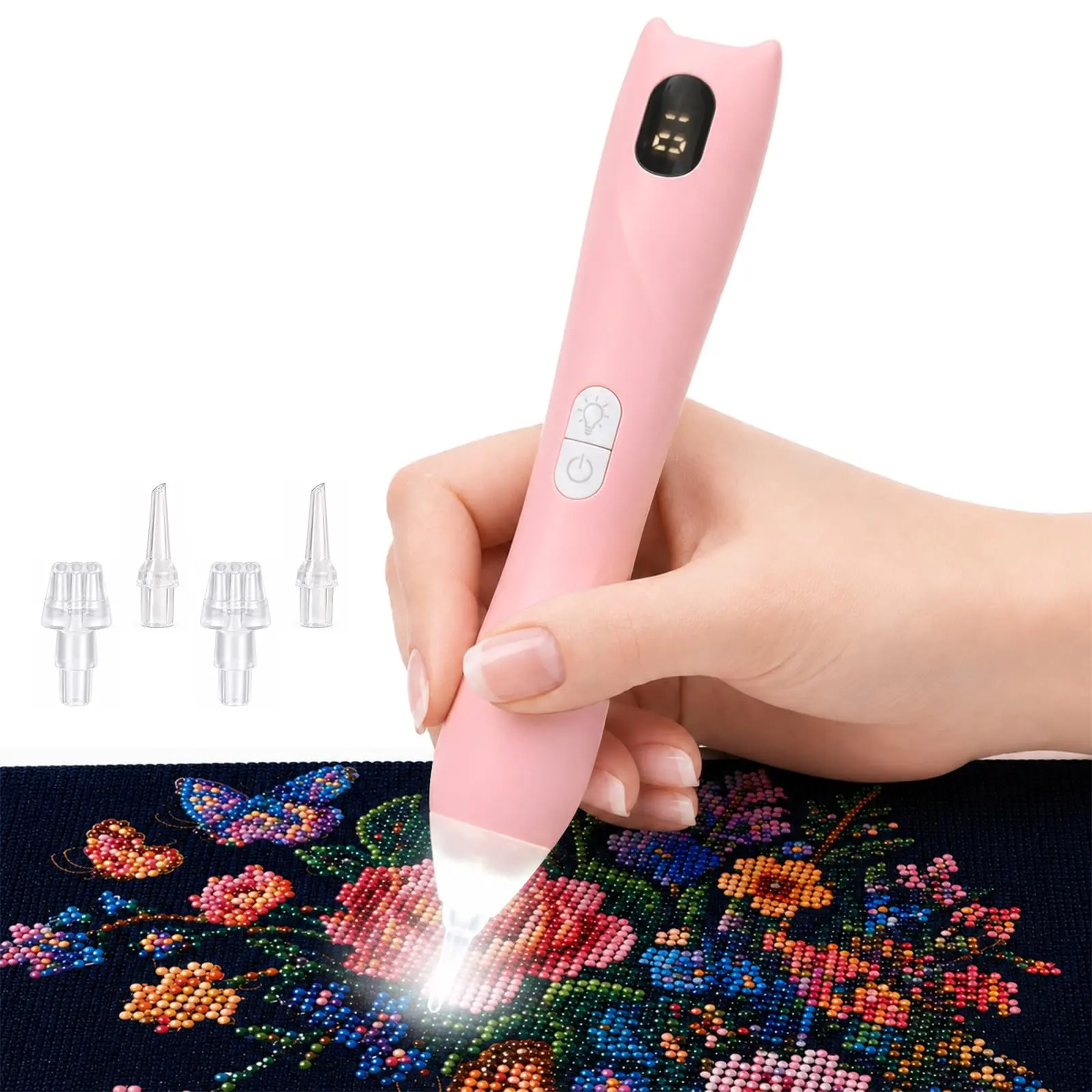 Electric Diamond Painting Pen with Light,Diamond Art，DIY diamond painting ，Display Screen, 3 Suction Modes, Cat Ear Design for Adults DIY Crafts (Valentine's Day Gift Option)