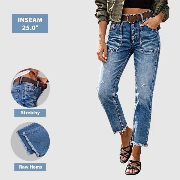 Flamingals Wash Ripped Raw Hem High Rise Straight Leg Crop Jeans Without Belt Stretchy 25.0'' Inseam