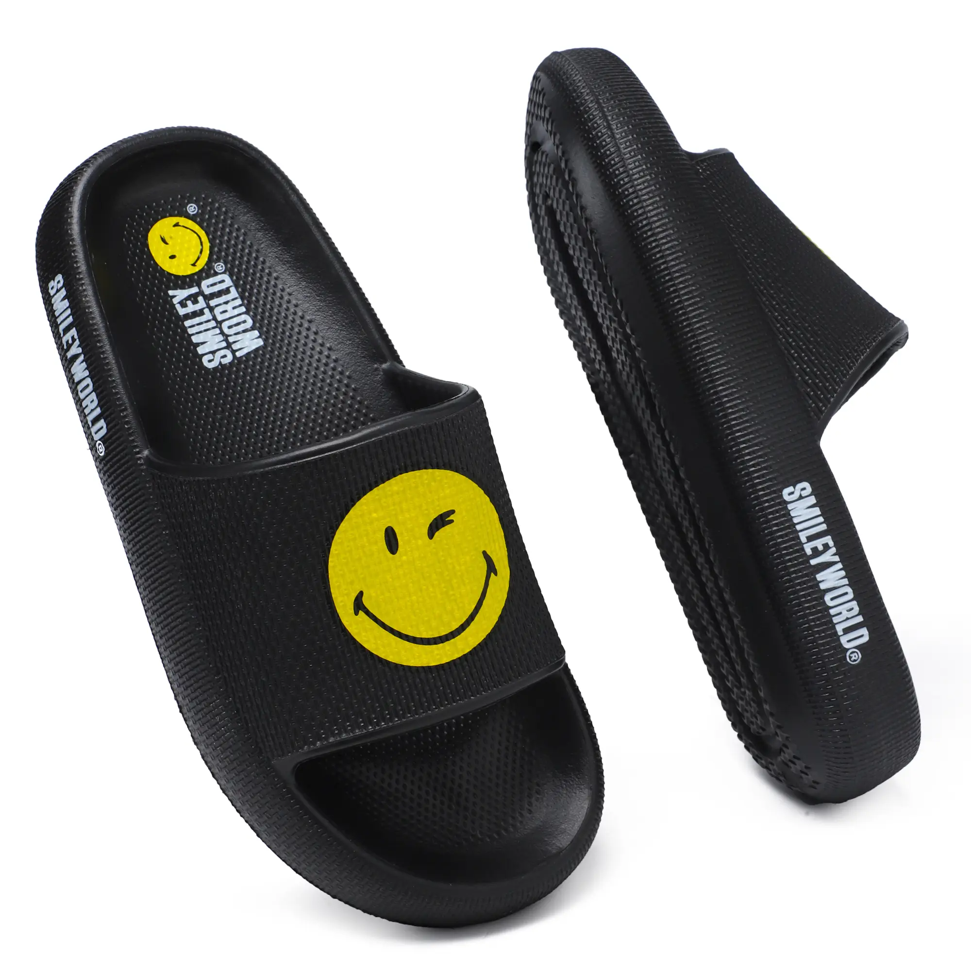 Smiley World Women's Smile Face Pillow Slipper, Non-Slip Quick-Dry Massage Slides for Indoor and Outdoor Use, Ankle