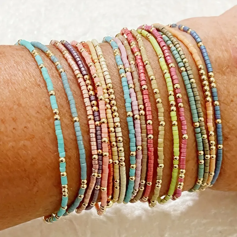 19-Piece Boho Style Beaded Bracelet Set - Mixed Glass and Plastic Beads, No Mosaic, Versatile for Daily and Vacation Wear, All-Season Compatible stack Cute Jewelry Jewlery