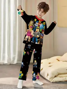Boys' 2-piece Square Game Partner Printed Pajama Set, featuring digitally printed long-sleeve pajama top and full-length pajama pants made of flame-retardant fabric. This stylish, casual, comfortable and soft loungewear set is perfect for sleeping and rel