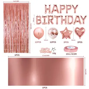 Rose Gold Birthday Decoration Set, Happy Birthday Banner with Fringe Backdrop Curtain, Foil Tablecloth and Confetti Balloons for Room Decor, Photo Backdrop and Birthday Party Setup