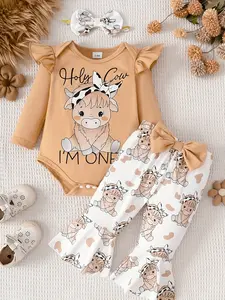 Cute Cow Print Jumpsuit + Bell Bottoms + Bow Headband Set, Western Style Baby for First Birthday Party, Toddler Costume, Gift Sets