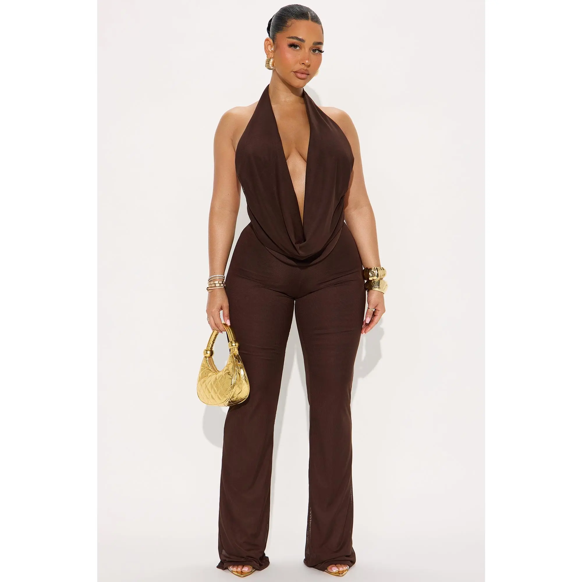 Best Behavior Mesh Halter Jumpsuit - Chocolate