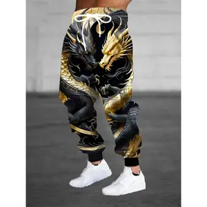 Men's 3D Dragon Printed Sweatpants with Drawstring and Pockets - Casual Stretch Polyester Sweatpants, Chinese Dragon Pattern, Fashion DesignRAIMENTRY