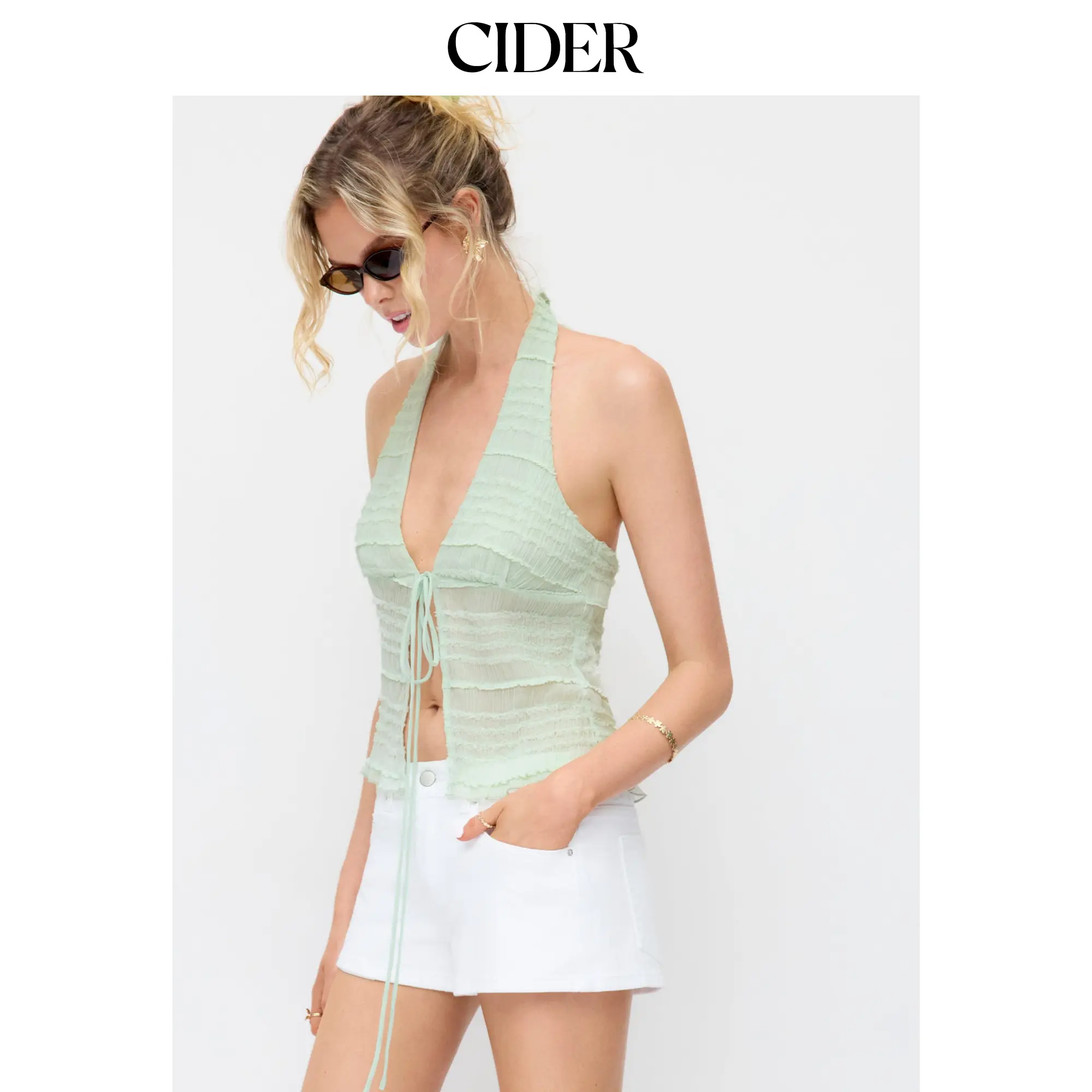 Cider Textured Halter Neck Tie Front Shirred Lettuce Trim Cami Blouse