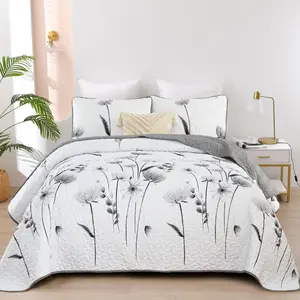 Floral Set Queen Size,Grey White Bedspread Coverlet Botanical 3 Pieces Fall Microfiber Lightweight Flower Bedspreads Soft Reversible Farmhouse Bed Cover for All Season(96"x90")