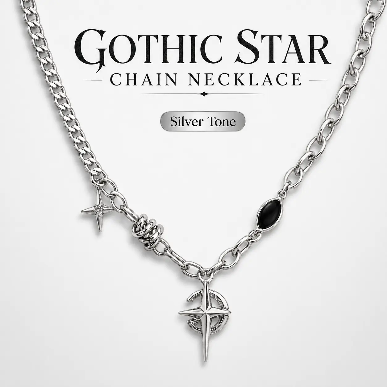 Silver Compass Star Pendant Necklace Black Oval Charm Chain Statement Edgy Lightweight Feminine Daily Wear Special Occasion Perfect Gift Women Girls Versatile Fashion Jewelry Accessory Bold Mysterious Stylish