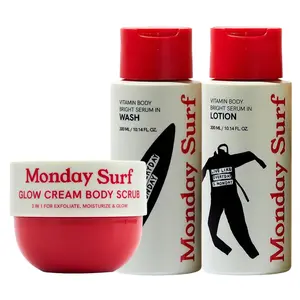 Monday Surf Korean Body Care 3-Piece Set – Glow Cream Body Scrub + Vitamin Body Bright Serum in Wash + Vitamin Body Bright Serum in Lotion (Vanilla Woods Scent) – Smooths Bumpy Skin, Shaving Prep, Glow Skin, 24-Hour Moisture – Vegan
