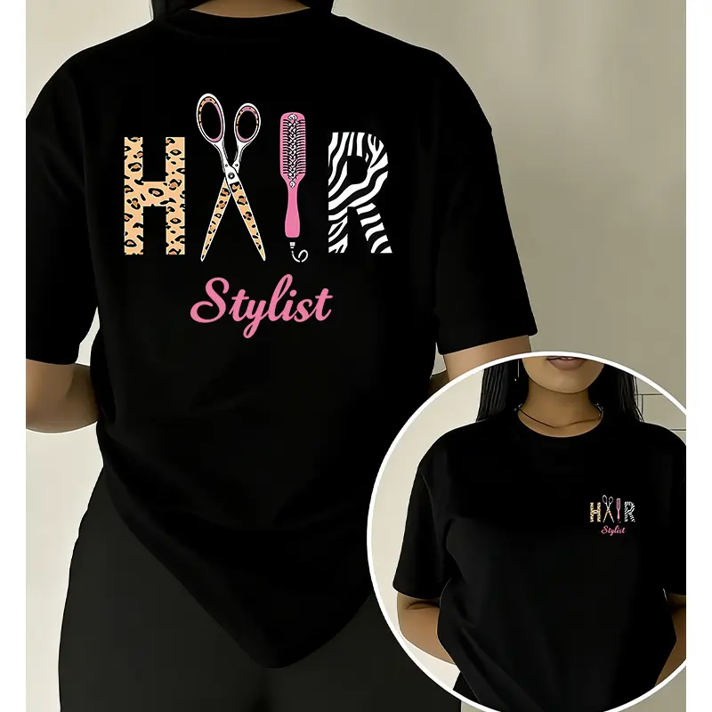 HAIR Stylist' Leopard Print Tool Double-sided Print T-shirt Hairstylist Career Style Casual Top Printed Sweatshirt