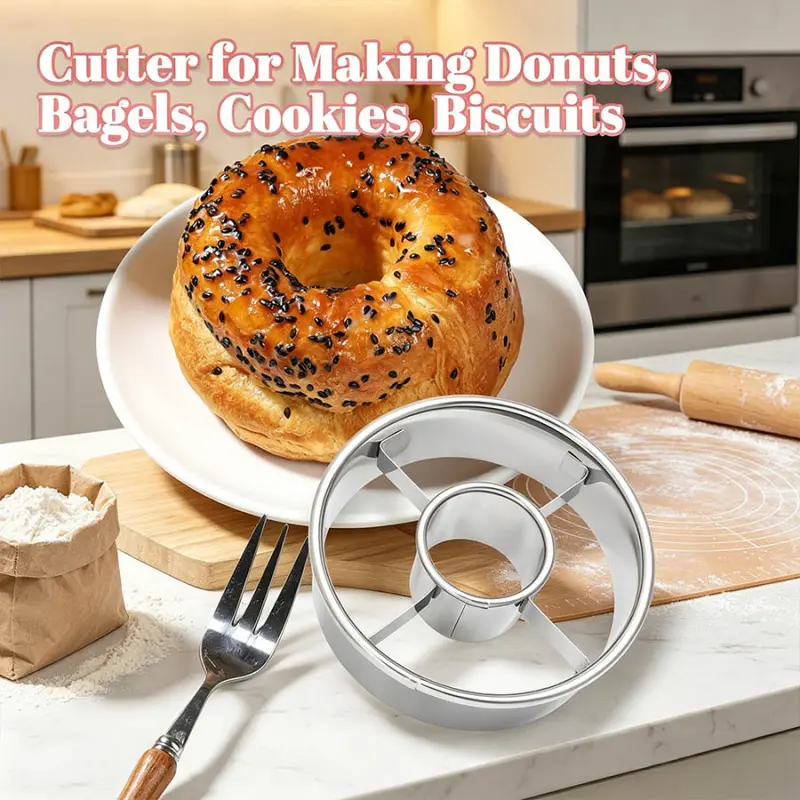 1/2 premium bread bag and donut cutting machine, heavy-duty stainless steel ring mold, multi-purpose baking tool for cutting perfectly shaped donuts, bread bags, cookies, and pastries, Baking Accessories