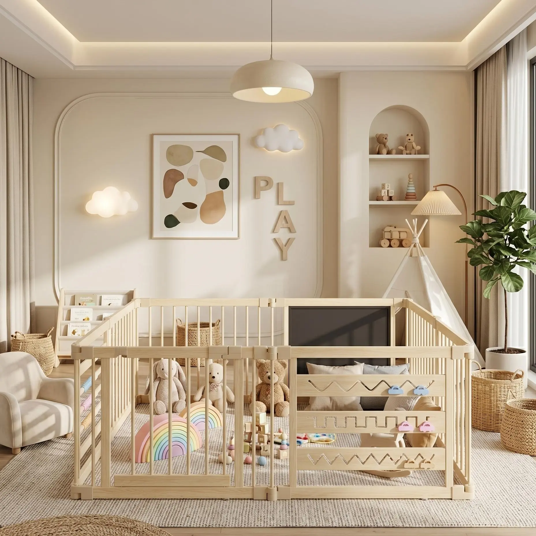 Folding Baby Playpen with Activity Center, Adjustable Wooden Safety Playpen for Babies, Summer Garden Toddler Play Enclosure, Quick Folding Playpen