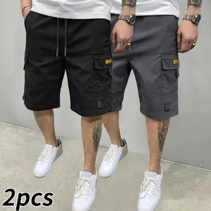 2-pack men’s cargo pants, men’s shorts, stylish cargo shorts, knee-length pants, multi-pocket design with flap pockets, loose summer multi-pocket shorts, solid-color cargo shorts, outdoor men’s work pants, suitable for outdoor travel wear